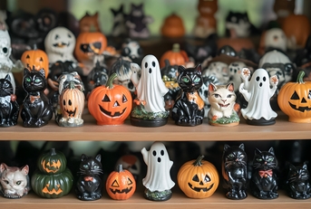 ghosts, pumpkins, and feline decorations display