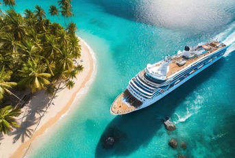 Aerial view of a large cruise ship in front of a small tropical island