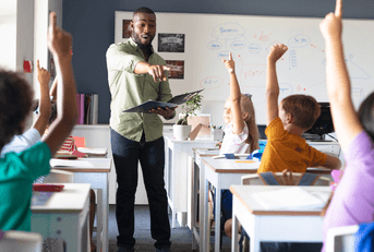 Teacher with students with hands raised