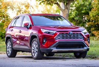 Toyota RAV4 stands outside under a tree at sunrise