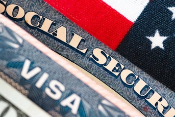 Social Security card on patriotic background