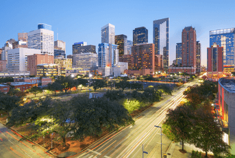 Downtown Houston roadway with city in skyline