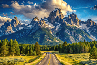 Winding road through Grand Teton Park Wyoming