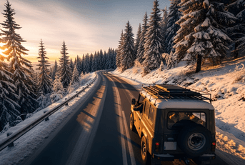 Car driving through snowy mountains