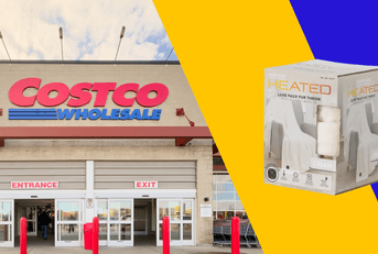 Collage of Costco's storefront and heated blanket product