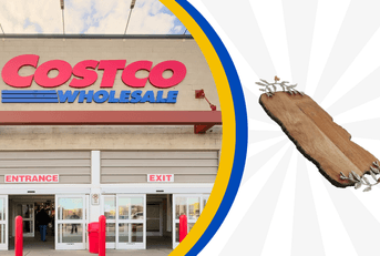 Collage of Costco storefront and a wood charcuterie serving board product