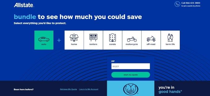 Screenshot of an Allstate quote request