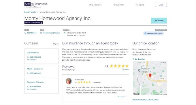 Screenshot of Safeco insurance agency page