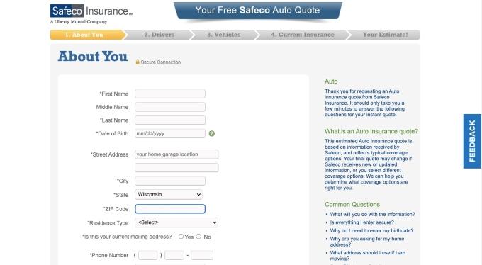 Safeco's page for entering information about you
