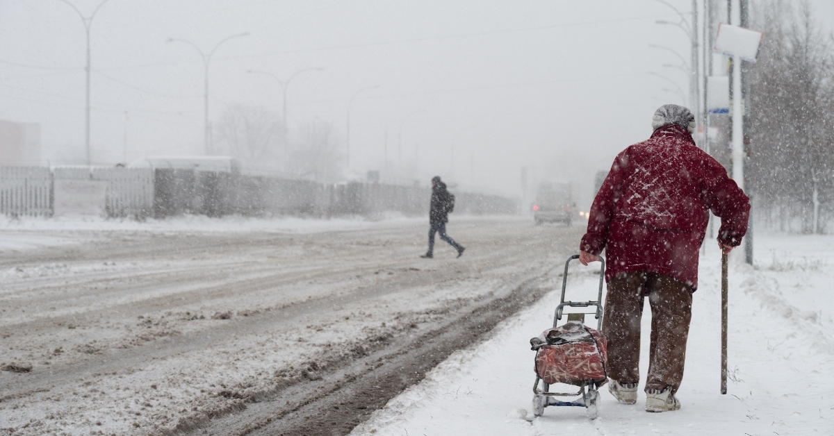 People walking in snow storm