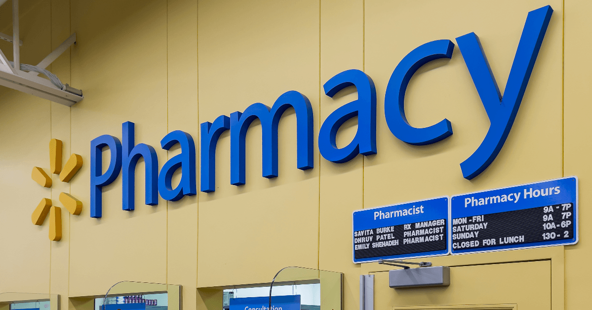 Walmart Pharmacy sign inside Walmart store. 