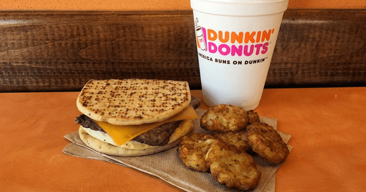 Dunkin Donuts turkey sausage flatbread and coffee breakfast
