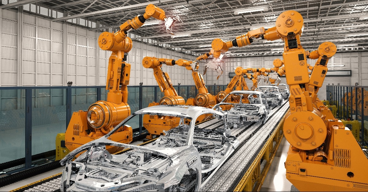 robot assembly line in car factory