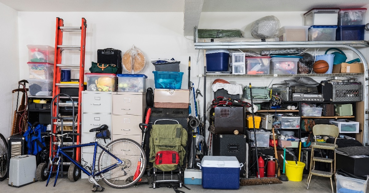 garage storage shelves with vintage objects and equipment