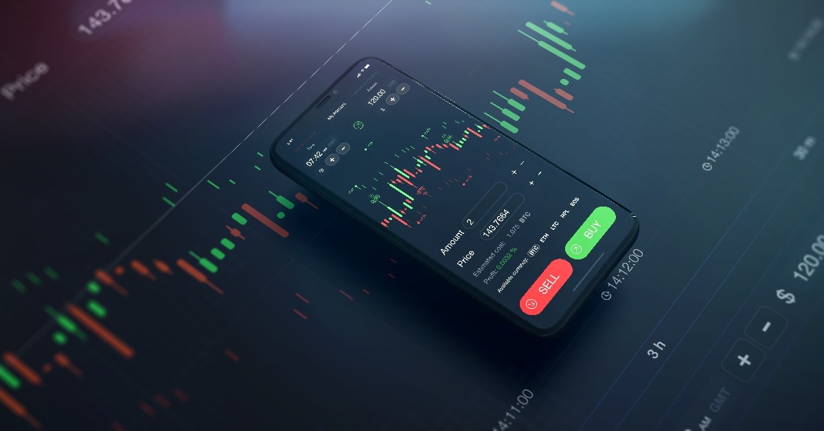 Futuristic stock exchange scene with mobile phone