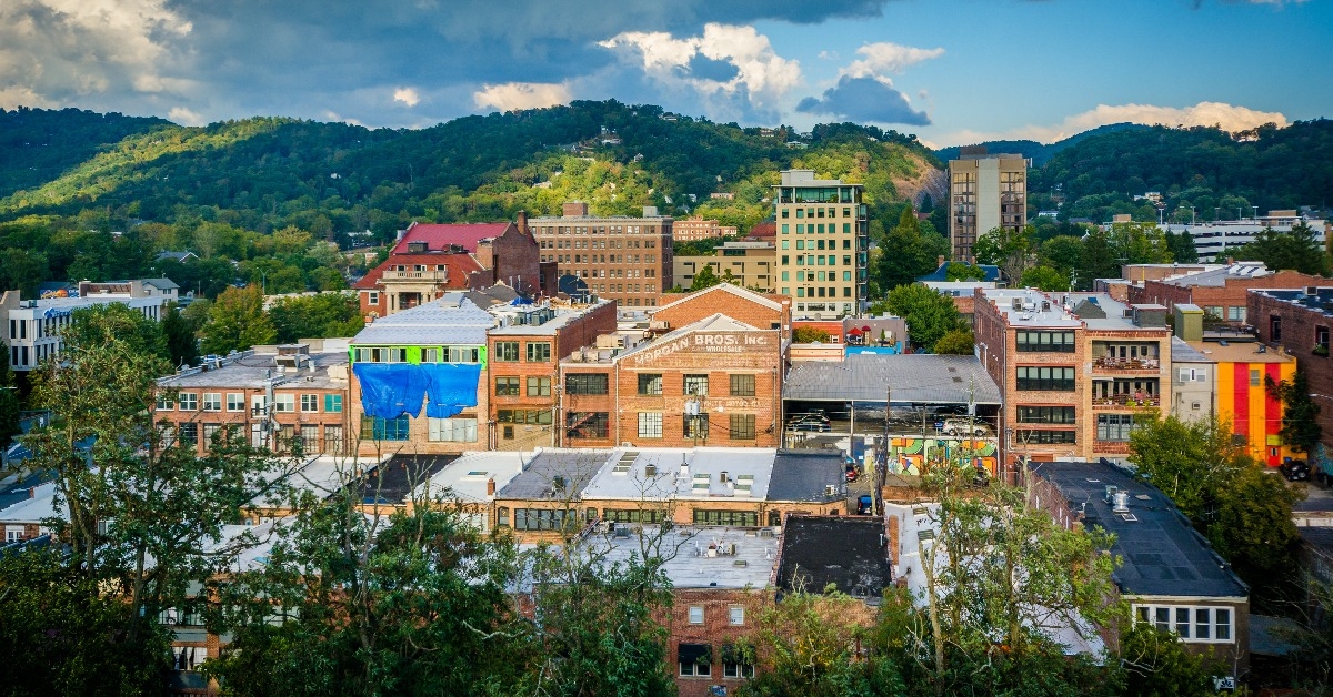 mountains and buildings in downtown Asheville