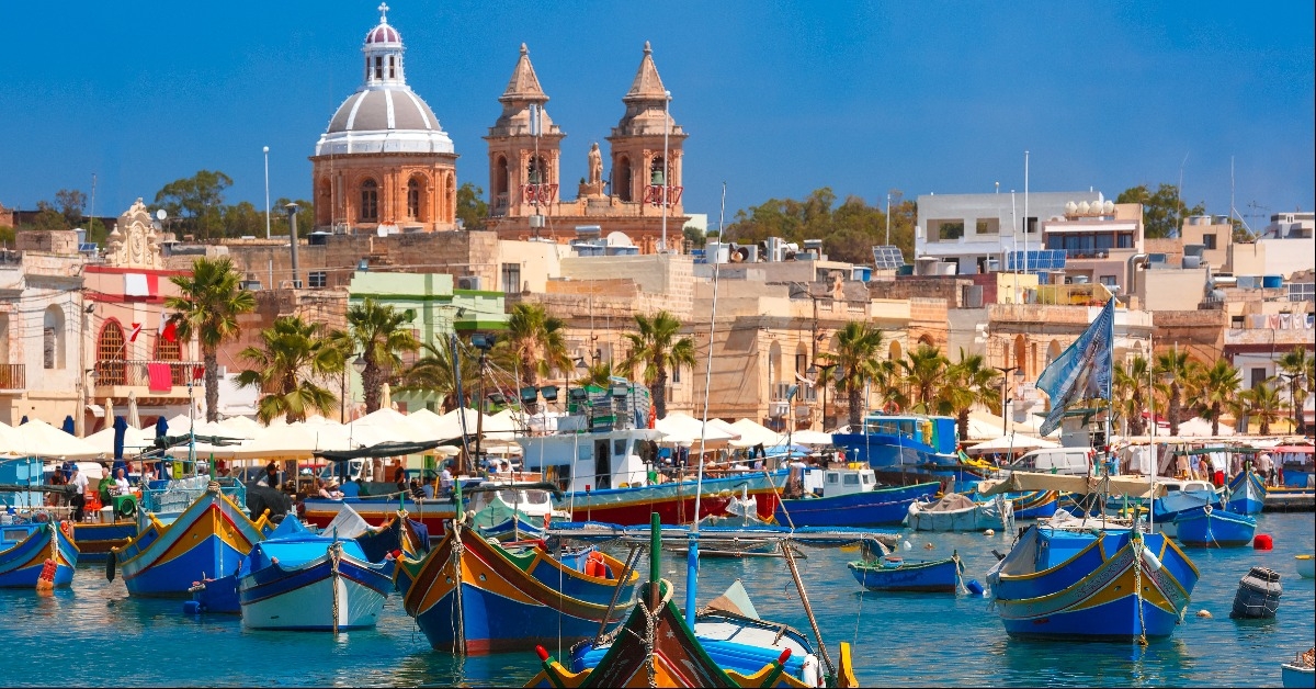  colorful boats Luzzu in the Harbor of Mediterranean 