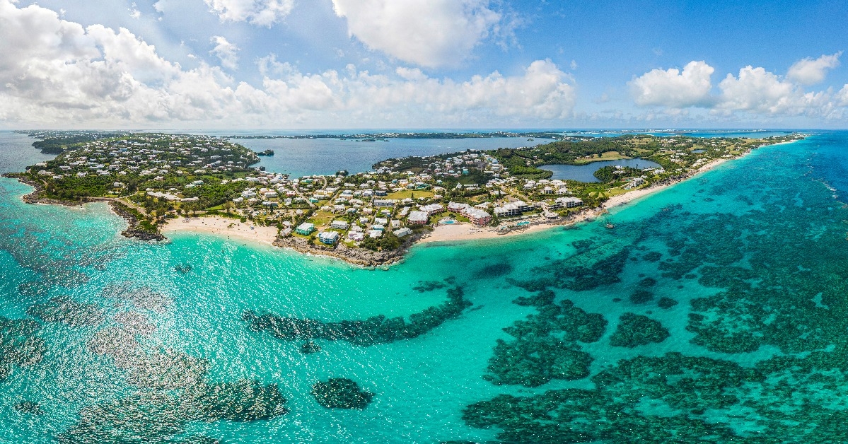 Wide angle aerial panorama of Bermuda coastline