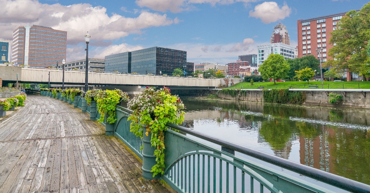 City skyline of Lansing Michigan along the Grand River