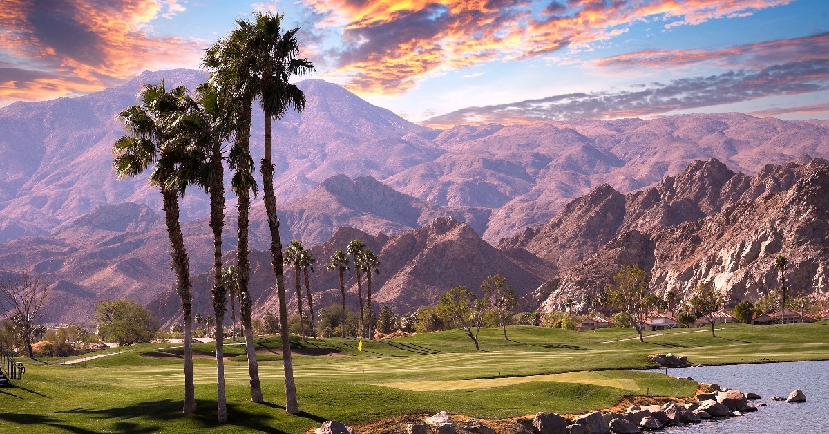 Golf course at sunset in Palm Springs, California