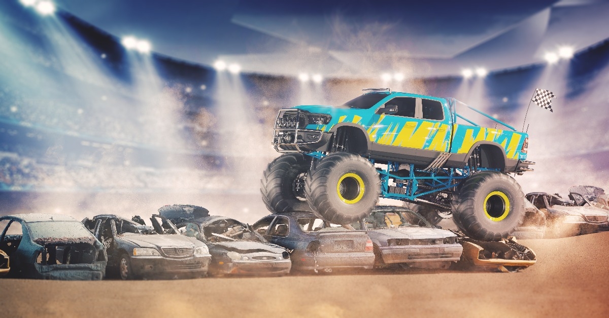 3D rendering of a brand-less generic monster truck doing stunts