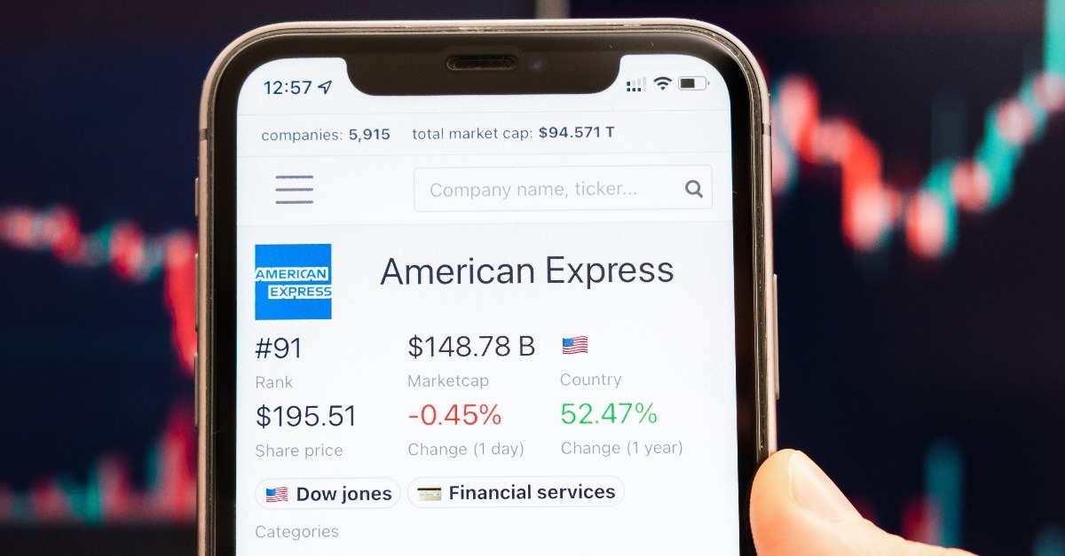 American Express stock price on the screen of cell phone 