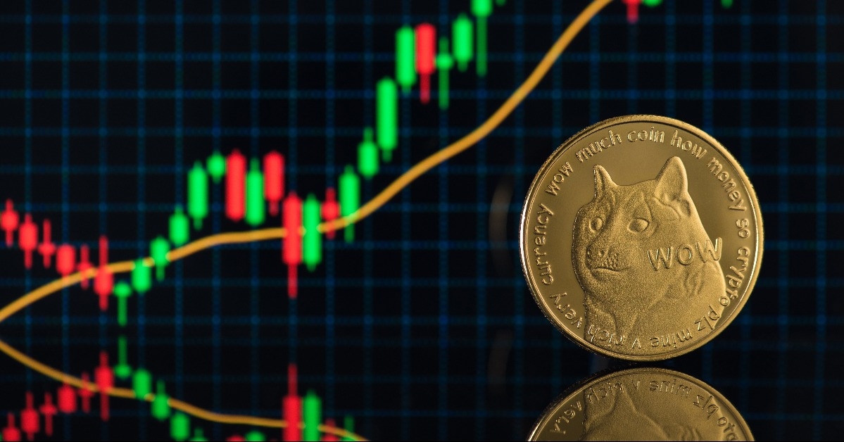gold coin with dogecoin symbol on candlestick chart