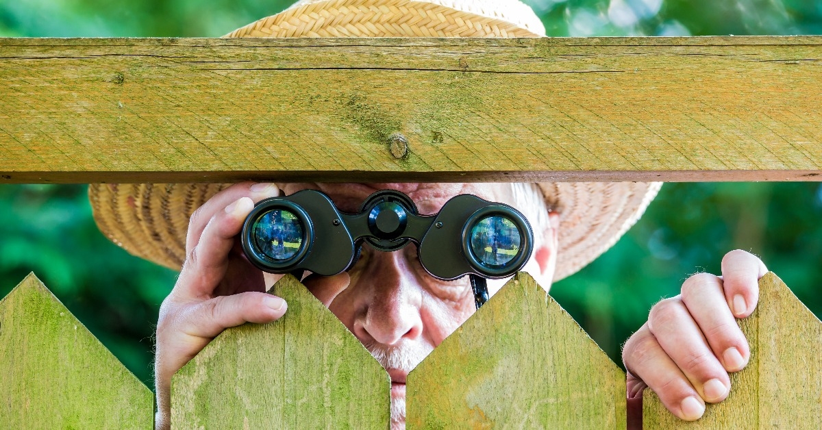 curious neighbor stands behind a fence and watches with binoculars