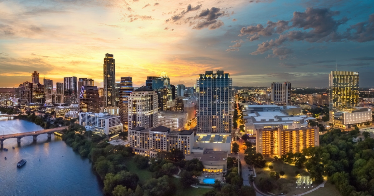 austin texas skyline during sunset