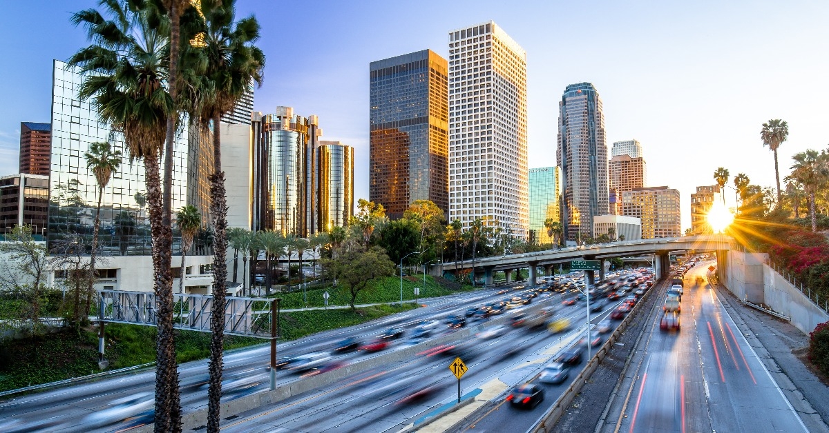 Los Angeles downtown buildings skyline highway traffic