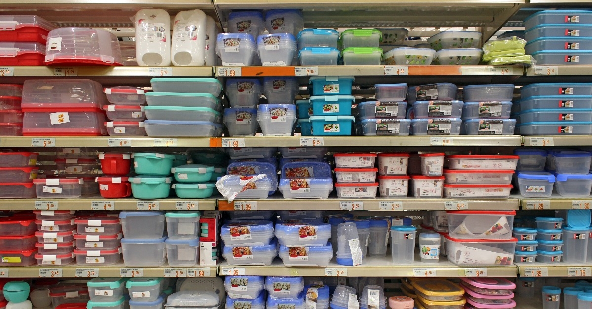  plastic containers displayed on a supermarket