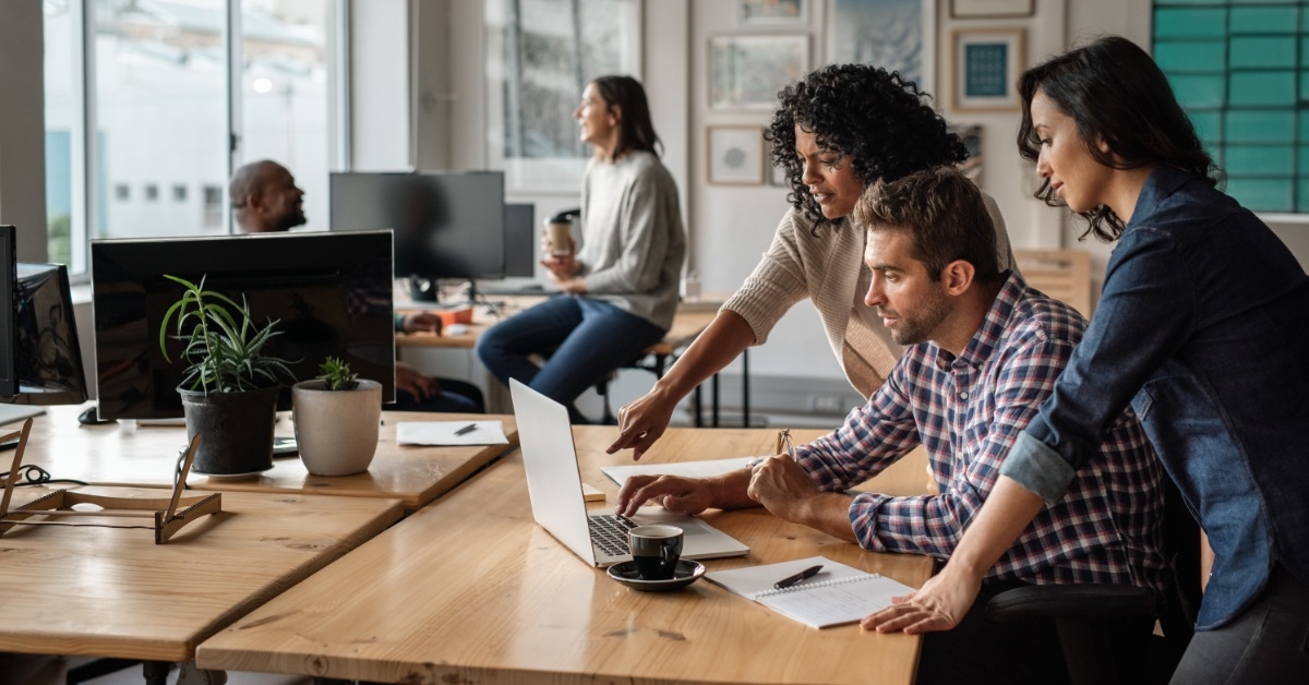employees in a workspace using laptop together 