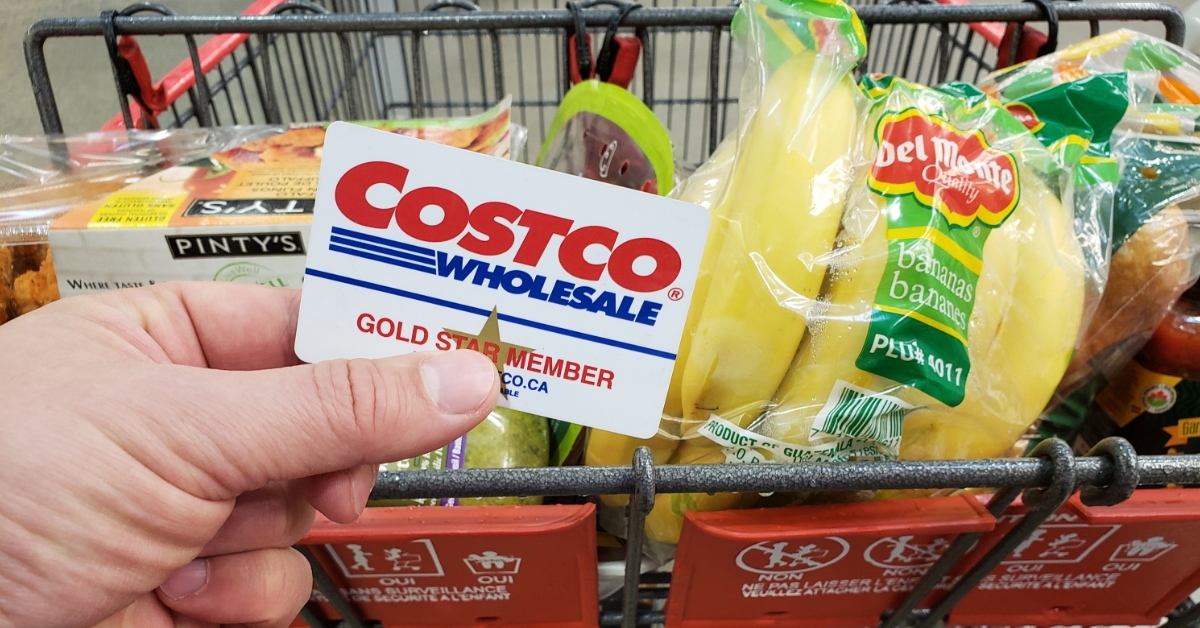 holding costco wholesale card in grocery store