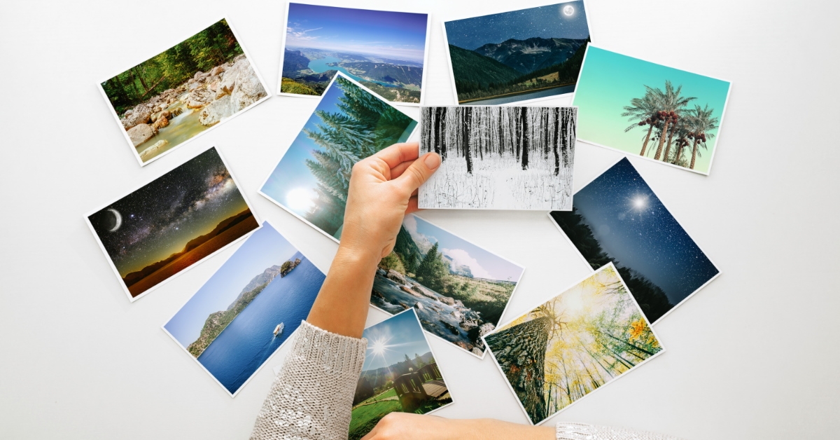 woman holding portraits of landscapes