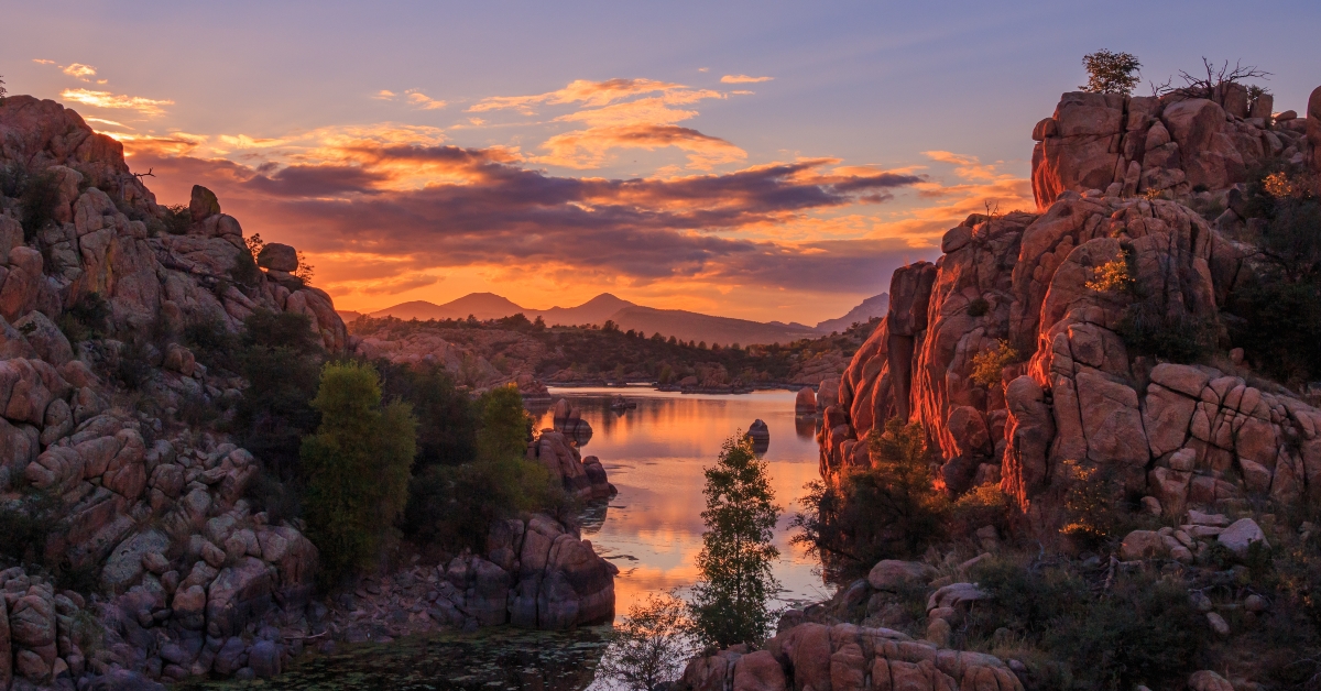 sunset reflection at watson lake prescott arizona