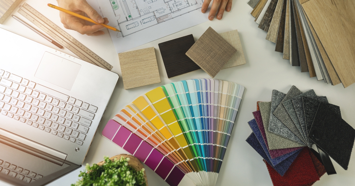 designer working in office doing furniture and flooring material selection