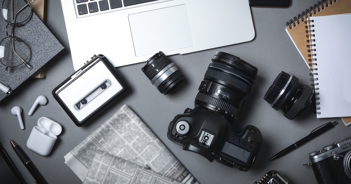 equipment for journalist on grey table