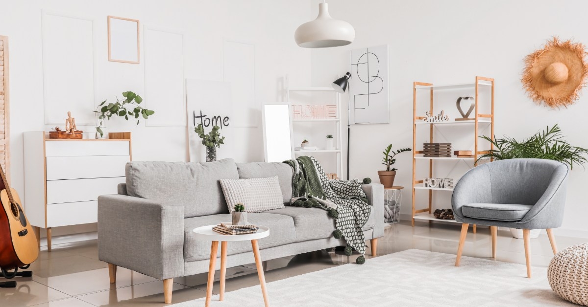 elegant lounge with sitting area in grey color