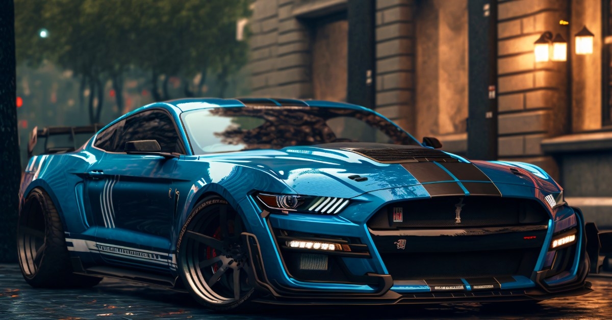 blue ford mustang standing in empty street