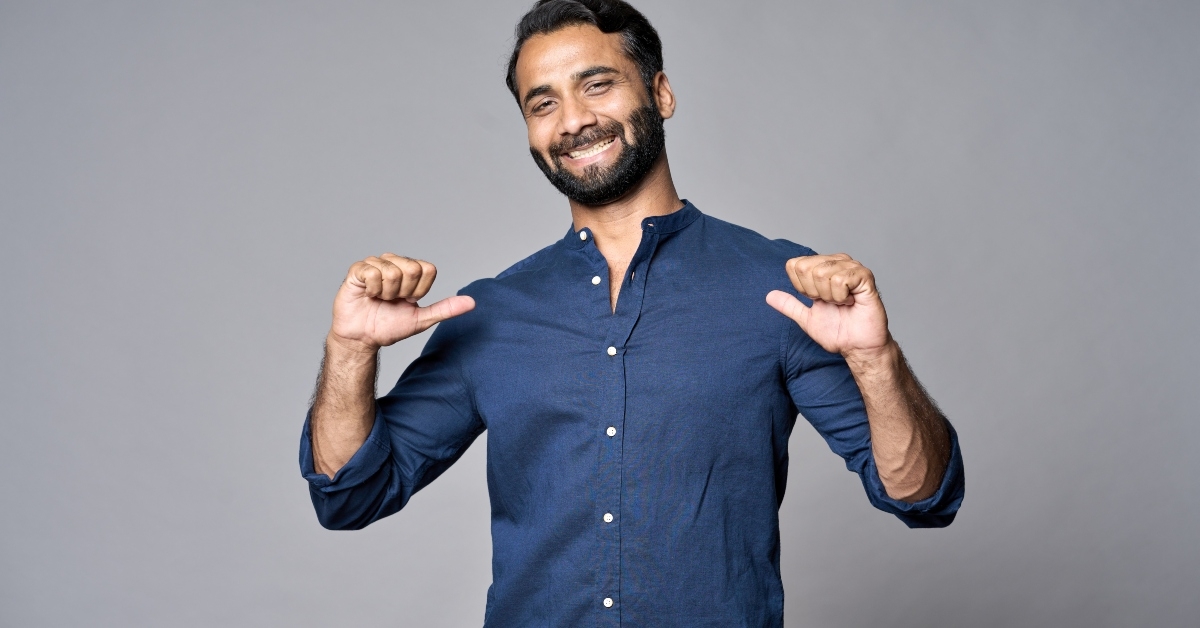 man pointing at himself bragging as choose me concept