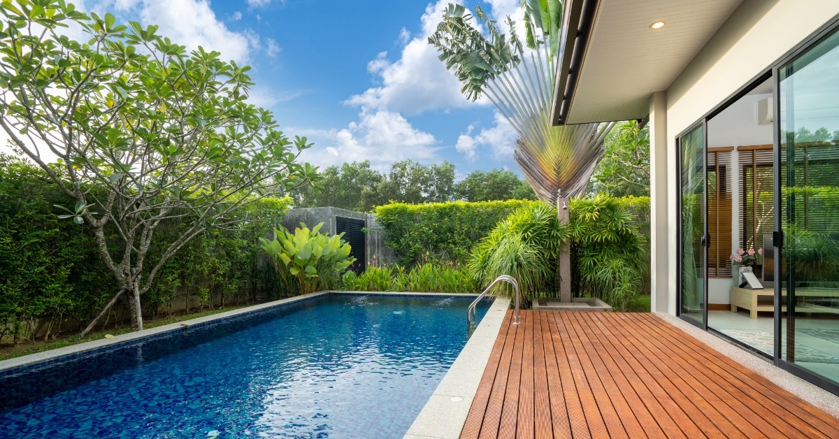 elegant deck and swimming pool in luxurious home