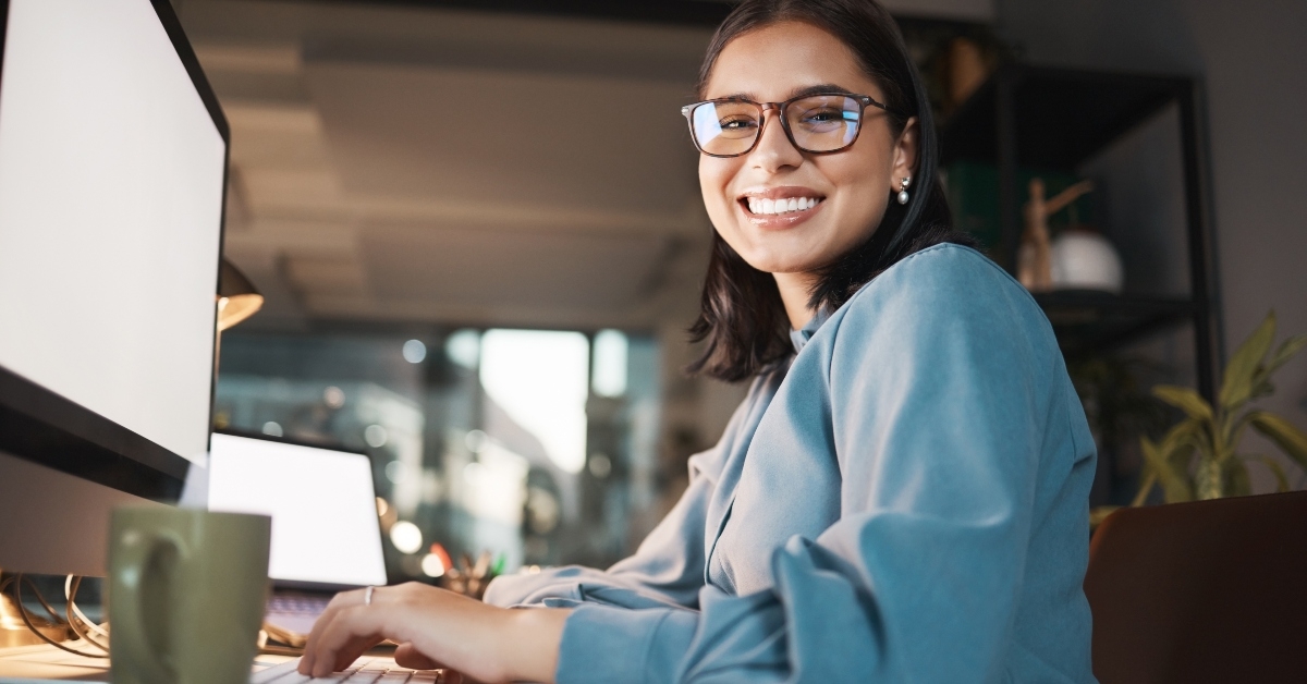 woman in office at night