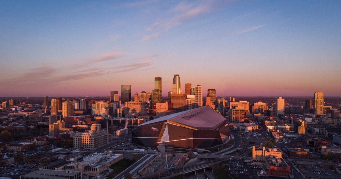 drone flight over the skyline of Minneapolis Minnesota