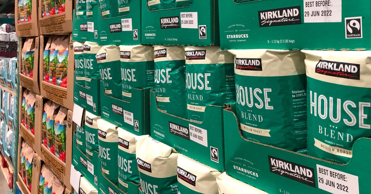bags of kirkland signature coffee for sale inside costco wholesale store