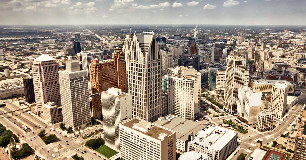 aerial shot of downtown detroit