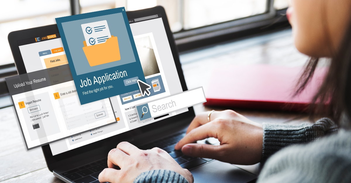 woman using laptop with job application dialogue 