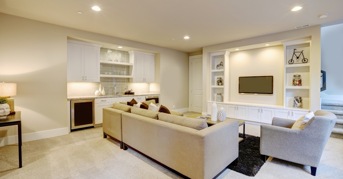 chic basement living room with wet bar