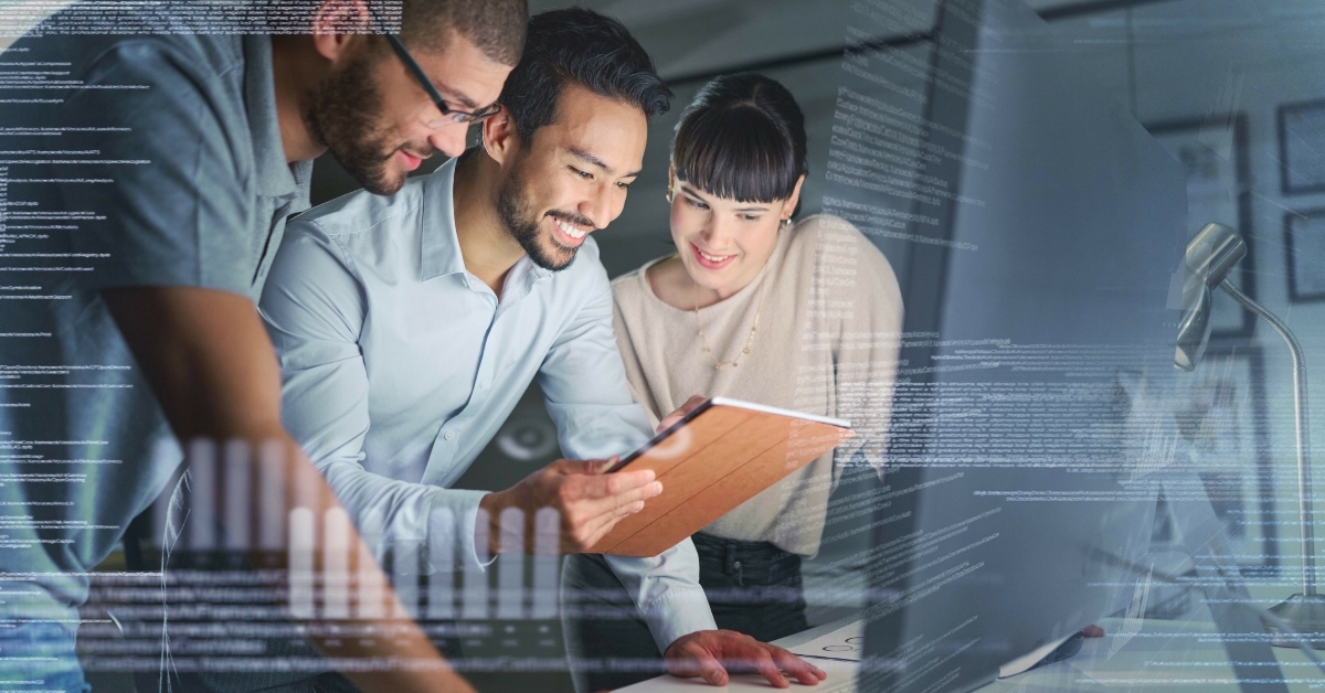 coding and information technology with computer screen and tablet