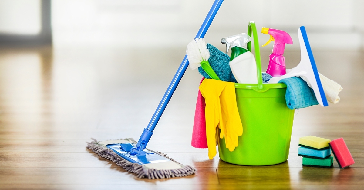 bucket with cleaning items
