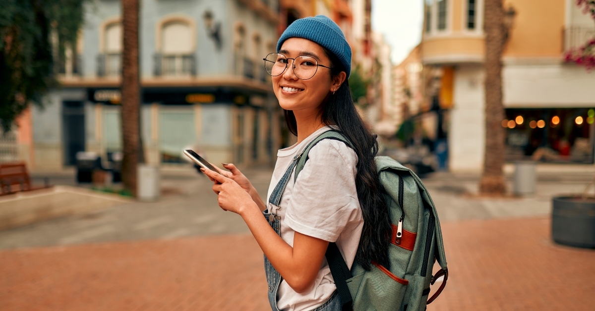 female tourist student on city streets